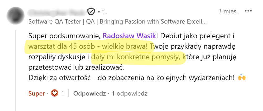 Opinia uczestnika warsztatu 1